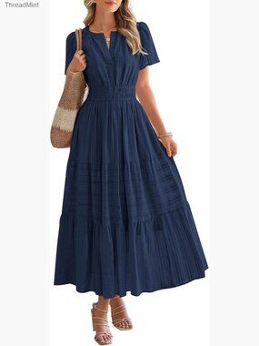 Lightweight Midi Maxi Dress with Pockets, V Neck, Elastic Waist